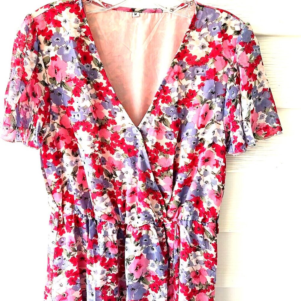 mopoogoss Pink Green Blue Red Floral Short Sleeve Midi Cottage Smock Dress  Sz M